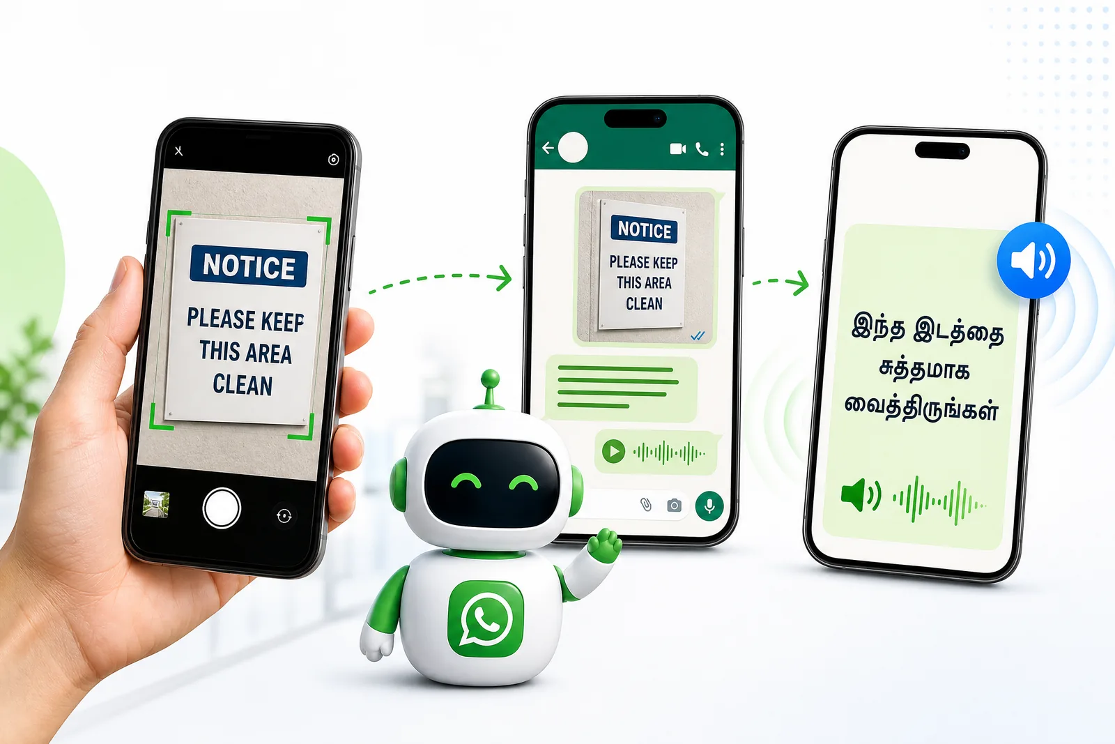 A phone photographing a notice, another sending it through WhatsApp, and a final phone playing a translation